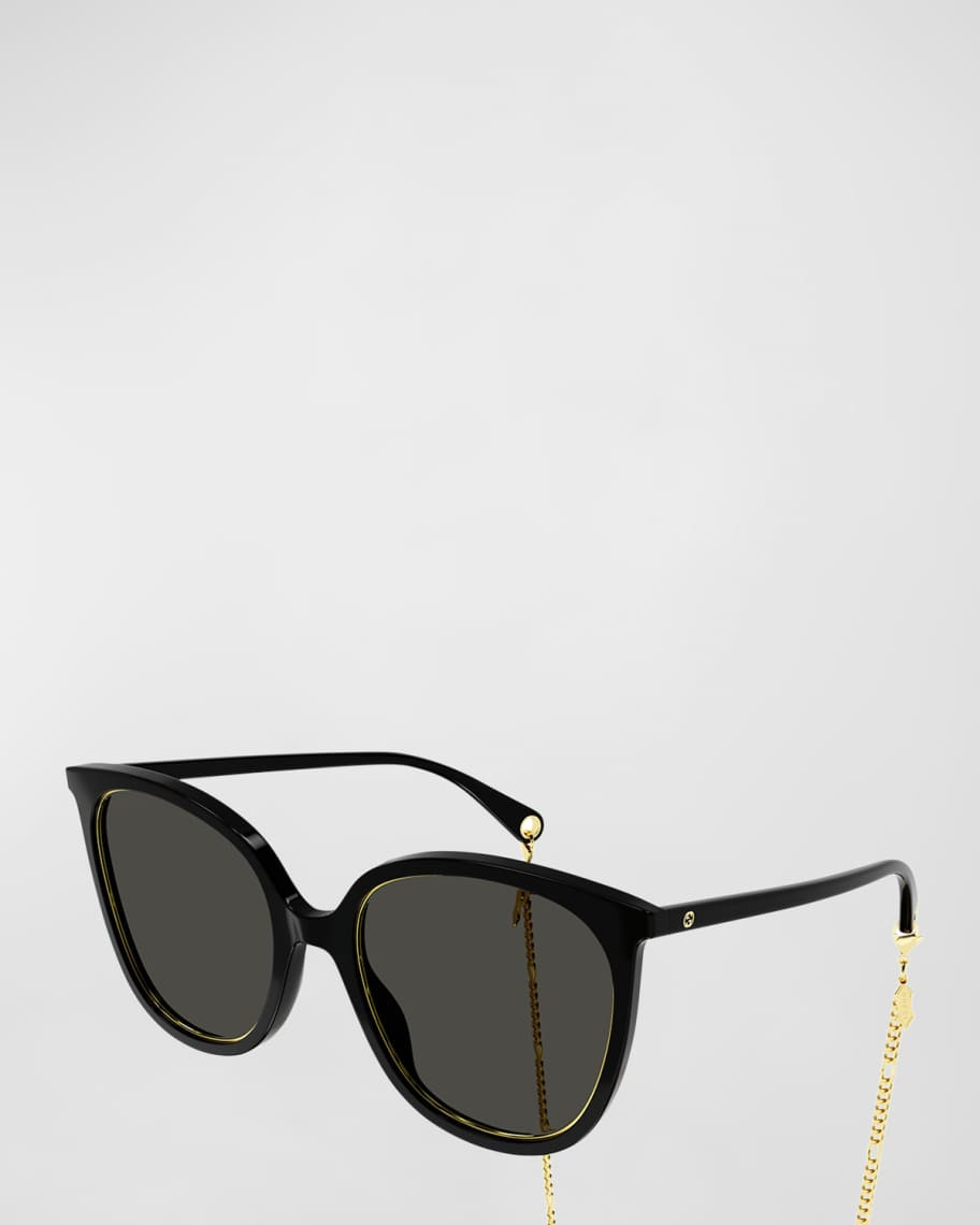 Gucci Round Metal & Acetate Sunglasses w/ Detachable Chain | Neiman Marcus