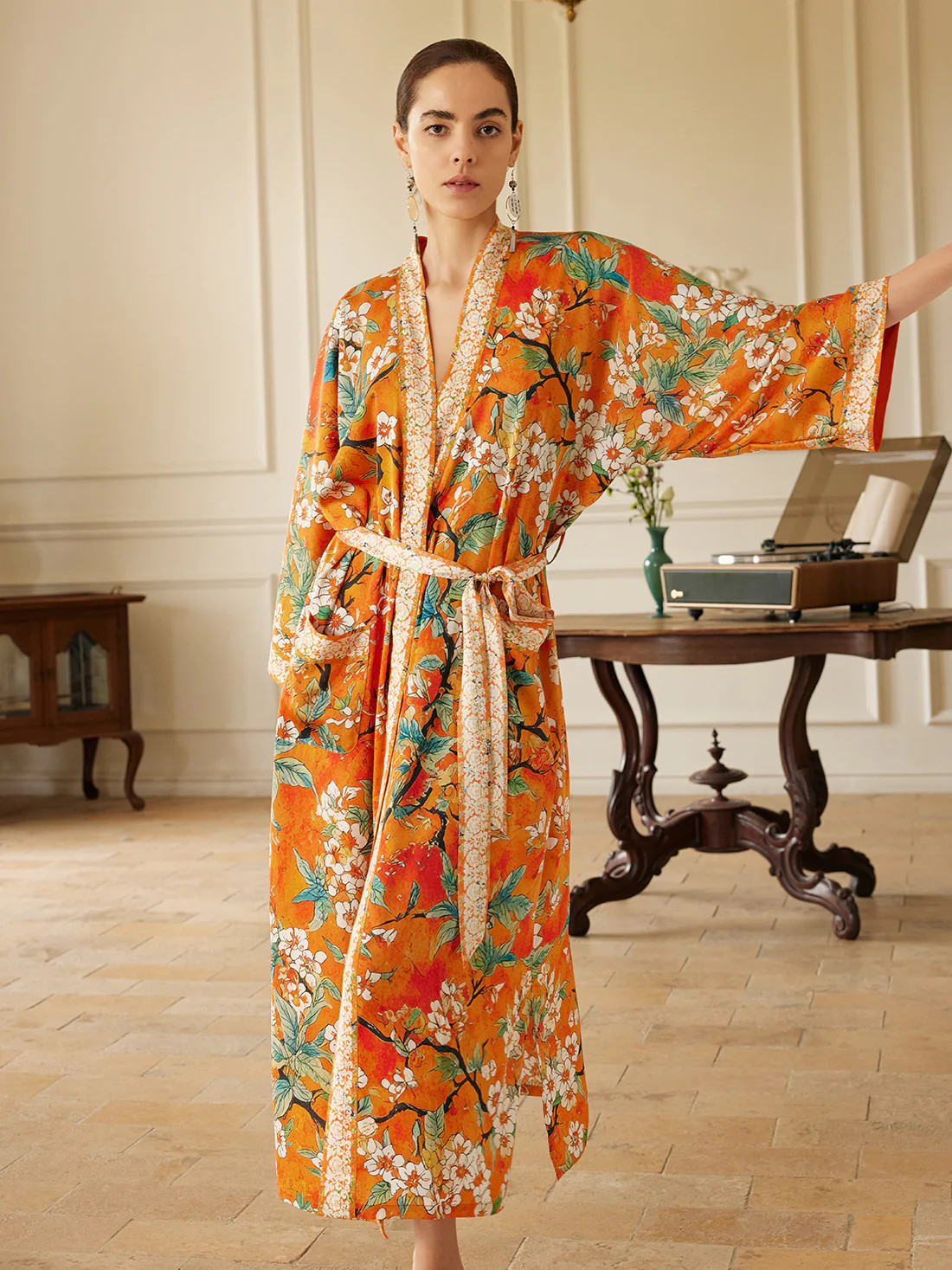 Vintage Orange Enamel Camellia Floral Kimono Robe with Pockets | ulivary