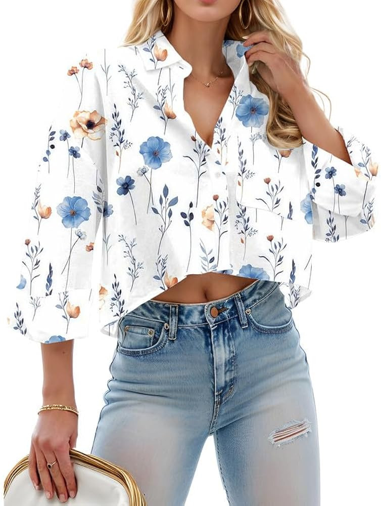 Women Cropped Button Down Shirts Long Sleeve Blouses Casual Work Crop Tops with Chest Pocket | Amazon (US)