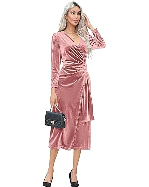 R.Vivimos Womens Velvet V Neck Wrap Dress Fall Winter Long Sleeve Waist Ruched Elastic Elegant Mi... | Amazon (US)