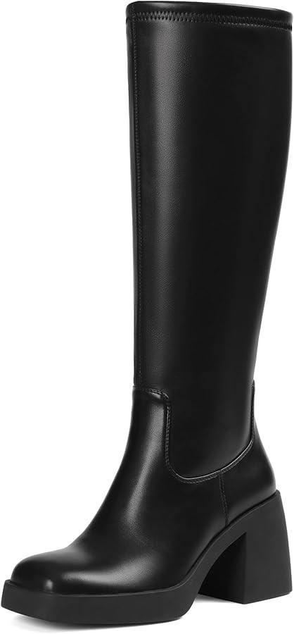 Tscoyuki Black Boots Knee High: Suede Fall Boots - Chunky Platform Heel Tall Boots for Women Squa... | Amazon (US)