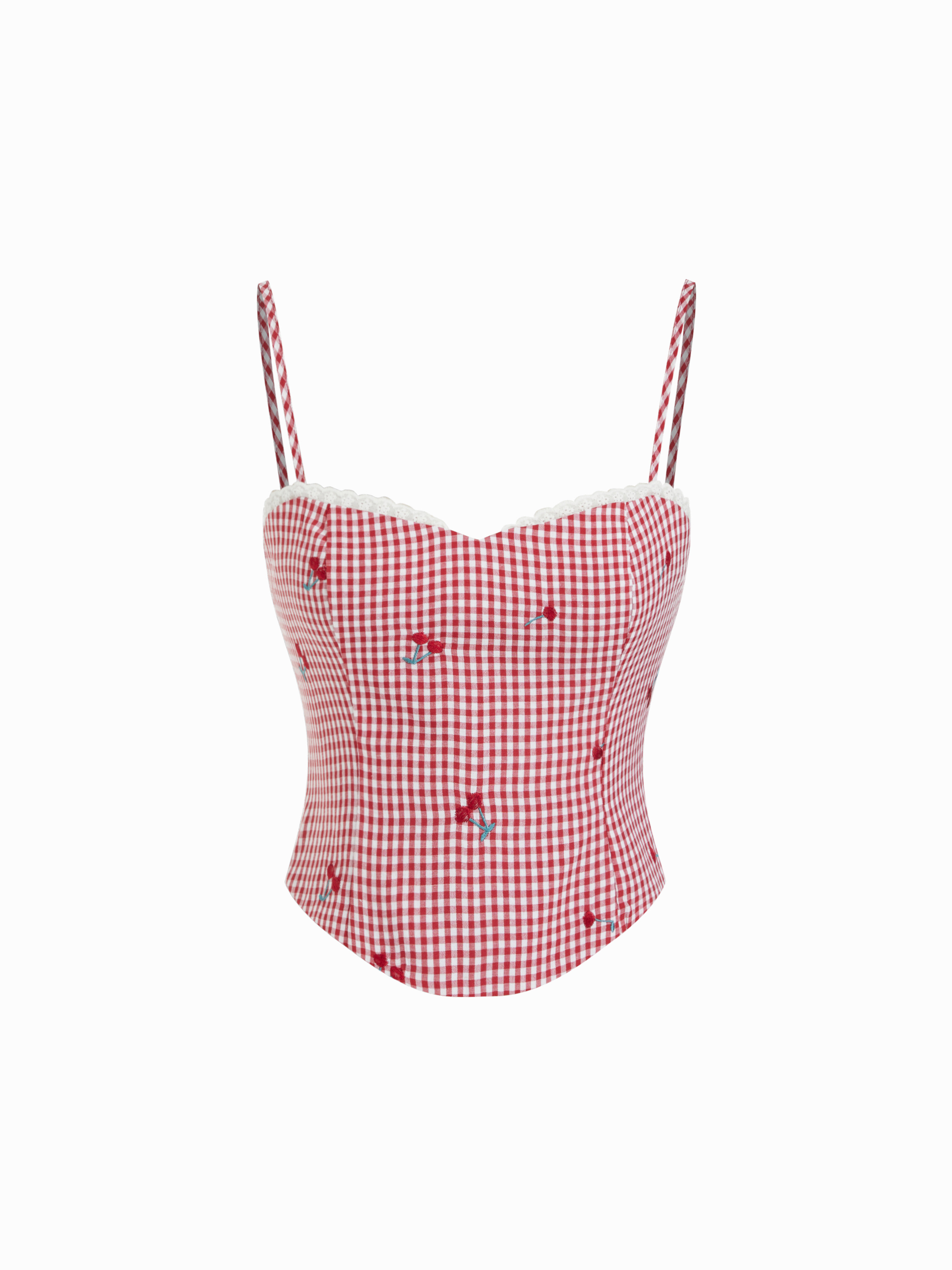 Cotton-blend Gingham Cherry Embroidery Sweetheart Neck Lace Trim Cami Blouse | Cider