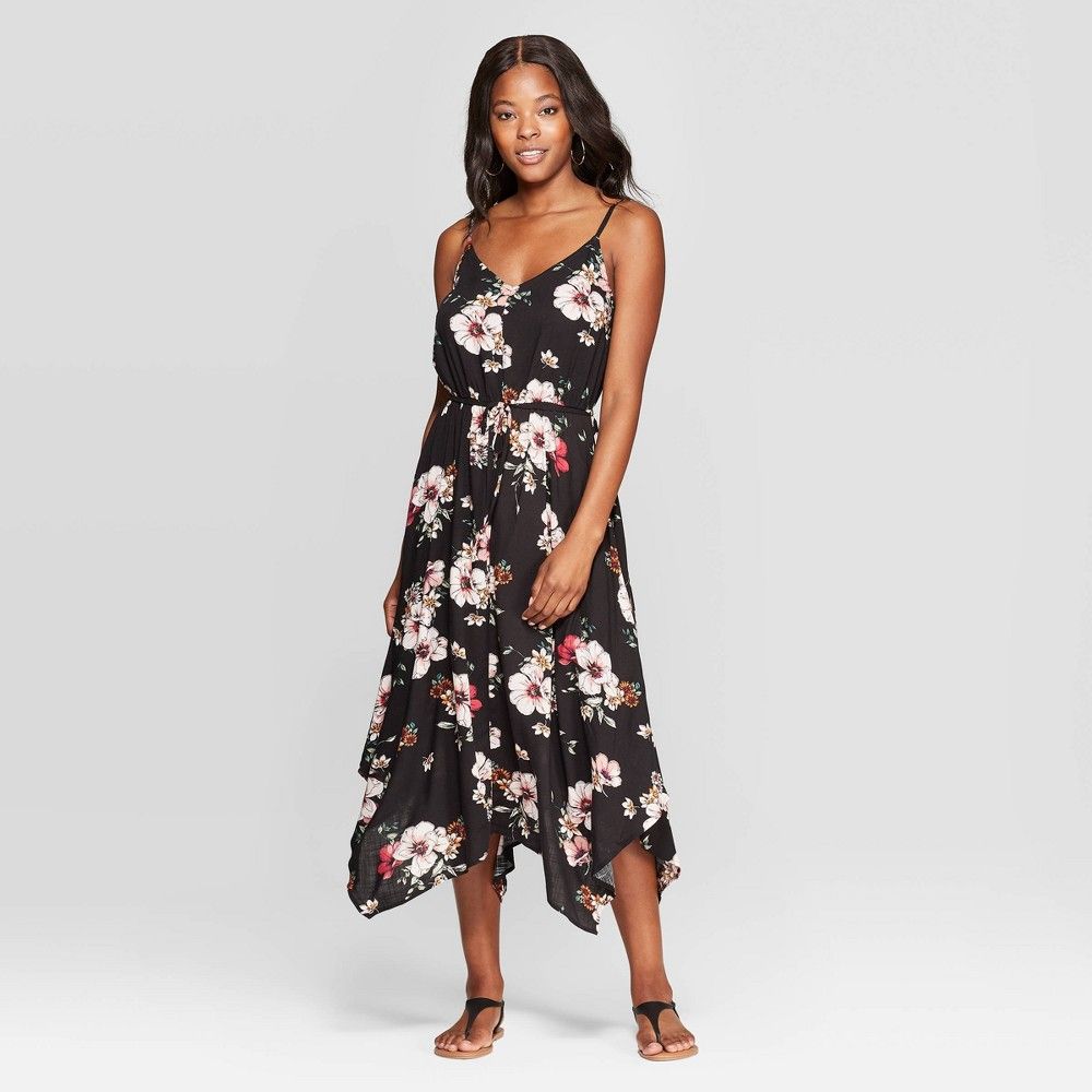 Women's Floral Print Sleeveless Strappy V-Neck Handkerchief Hem Midi Dress - Xhilaration Black XS | Target
