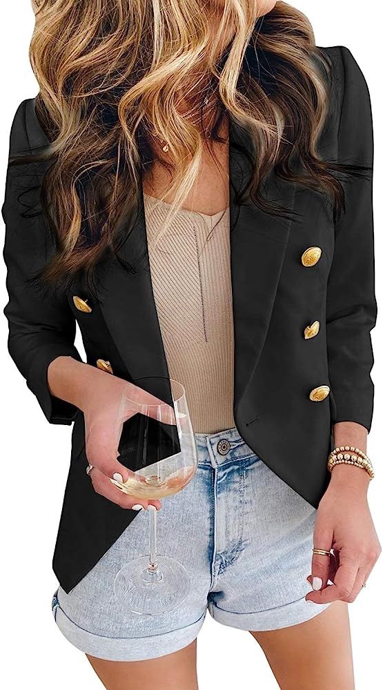 ROSKIKI Womens Casual Blazer Lightweight Double Breasted 3/4 Sleeve Novelty Button Work Office Open  | Amazon (US)