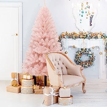 Goplus Artificial Pink Christmas Tree, 6ft Premium Unlit Hinged Spruce Full Tree, with Metal Stan... | Amazon (US)