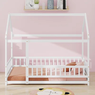House Floor Bed With Wooden Roof Frame, Slats And Guardrails | Wayfair North America