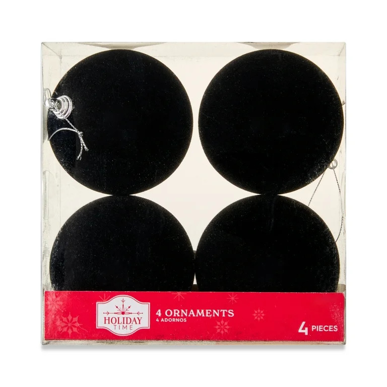 Black Flocked Ball Christmas Ornaments, 3.5", 4 Count, by Holiday Time | Walmart (US)