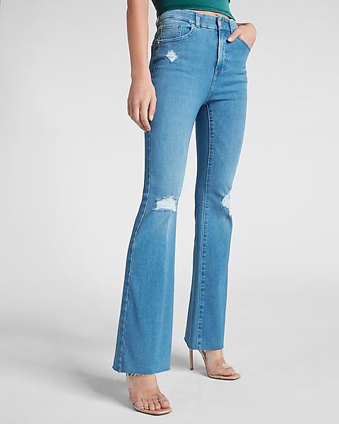 High Waisted Flexx Medium Wash Ripped Flare Jeans | Express