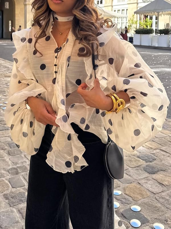 UOOZEE Women's Polka Dot See Through Blouse Long Puff Sleeve Ruffle Sheer Button Up Shirts Tops B... | Amazon (US)