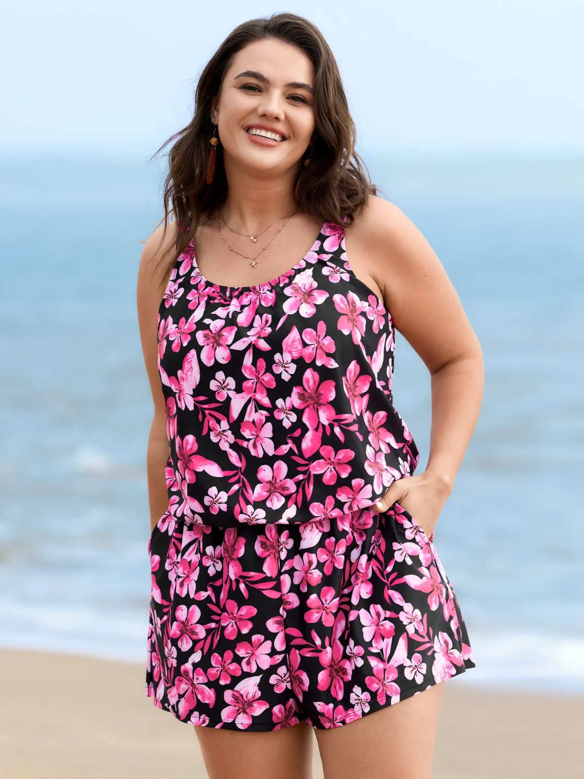 Tropical Flower Print Pockets One-Piece Swimsuit | Bloomchic