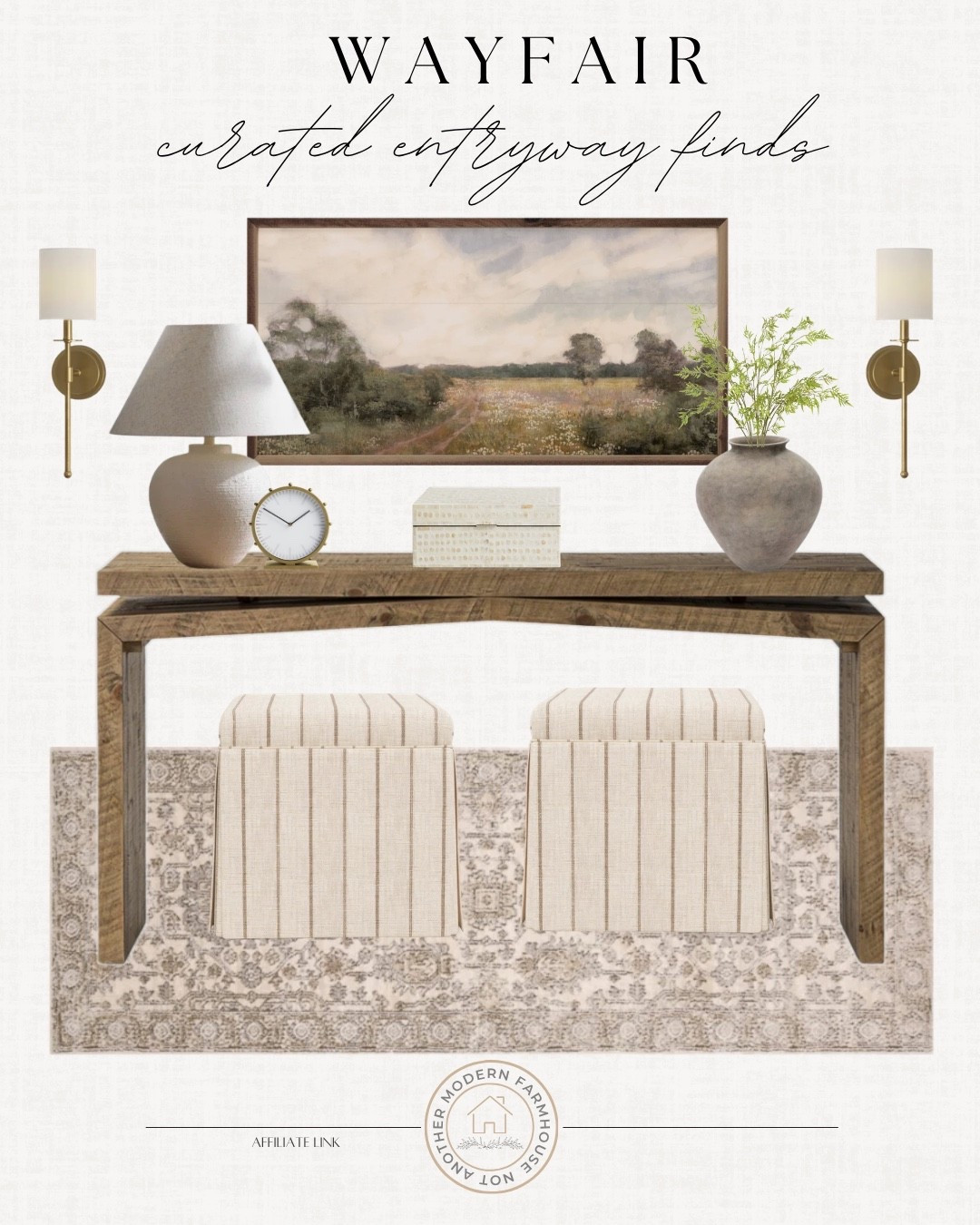 Wayfair curated entryway includes runner rug, upholstered ottomans, console table, decorative box, vase, greenery stems, wall sconces, table lamp, table clock, and wall art.

Neutral decor, home decor, styled entryway, entryway decor

#LTKHome #LTKSeasonal #LTKSaleAlert