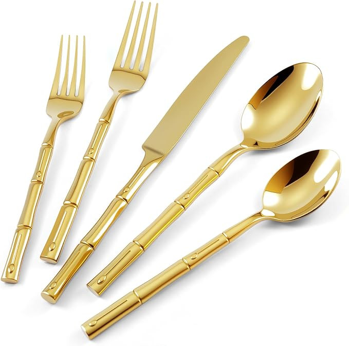 Silverware 40-Piece Stainless Steel Mirror Polishing Gold Flatware Set Bamboo Pattern Cutlery Set... | Amazon (US)