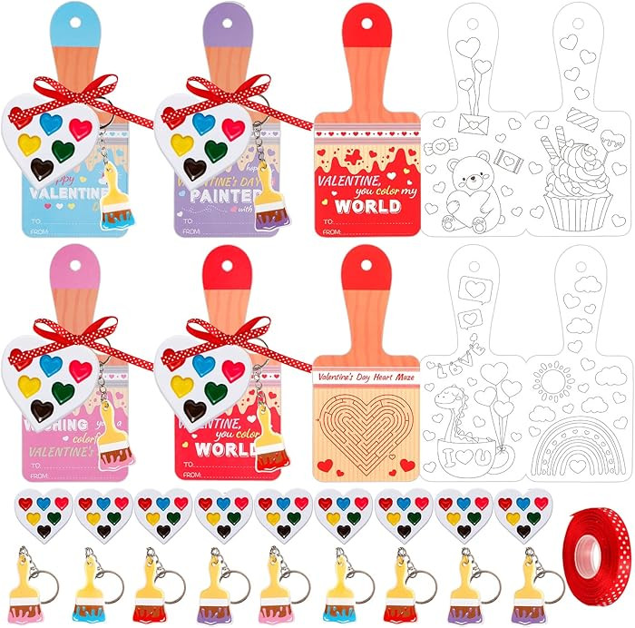 24 Sets Valentines Day Gifts for Kids,Valentines Cards with Watercolor Paint Bulk and keychain,Sc... | Amazon (US)