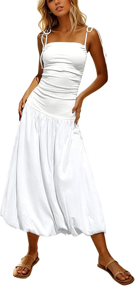 Women Sleeveless Summer Dress Square Neck Ruched Midi Dress Bubble Hem Adjustable Straps Vacation... | Amazon (US)