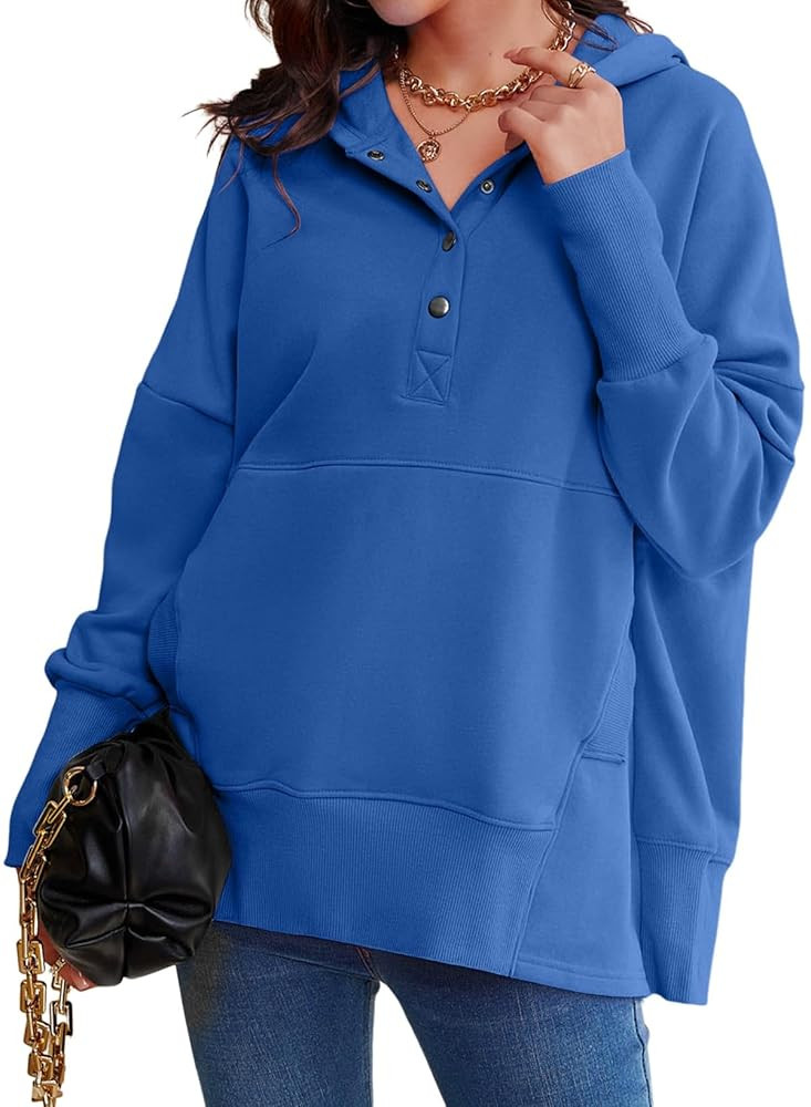 AlvaQ Womens Oversized Sweatshirts Hoodies Fleece Button Neck Hooded Tops Casual Pullover Tunics ... | Amazon (US)