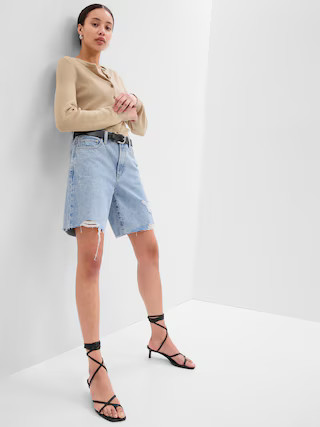 8" High Rise Destructed Denim Loose Bermuda Shorts with Washwell | Gap Factory