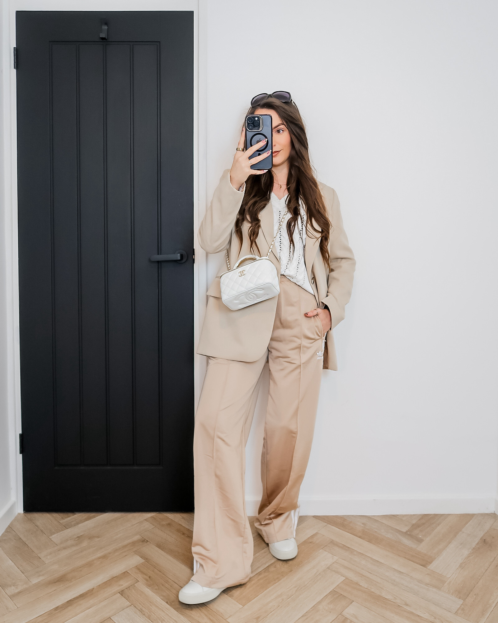 Adidas Firebird track pants cream, Saint + Sofia cable knit sweater, cream blazer outfit, Veja white trainers, Chanel vanity bag white, Chanel sunglasses white, neutral outfit ideas, cream outfit inspo, casual chic style 

#LTKuk #LTKspring #LTKeurope