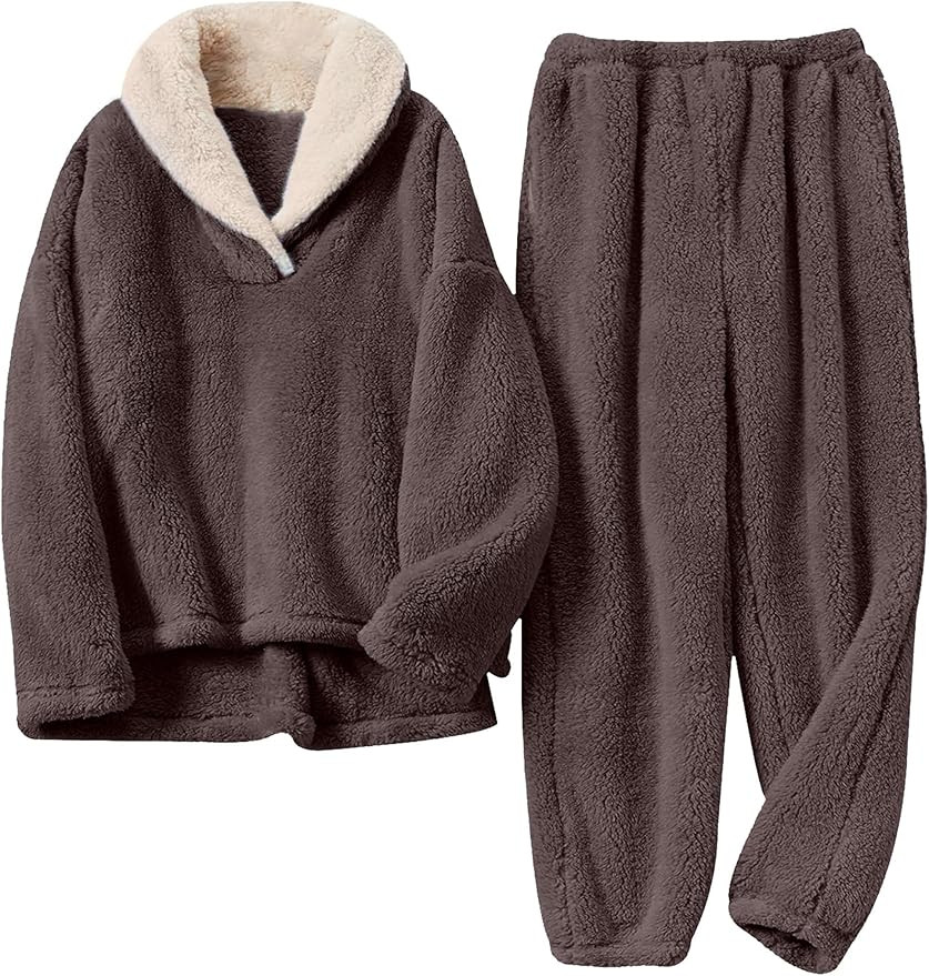 Yeokou Women's Fleece Pajamas Sets Fluffy Sleepwear Warm Sherpa Pullover Pants with Pockets | Amazon (US)