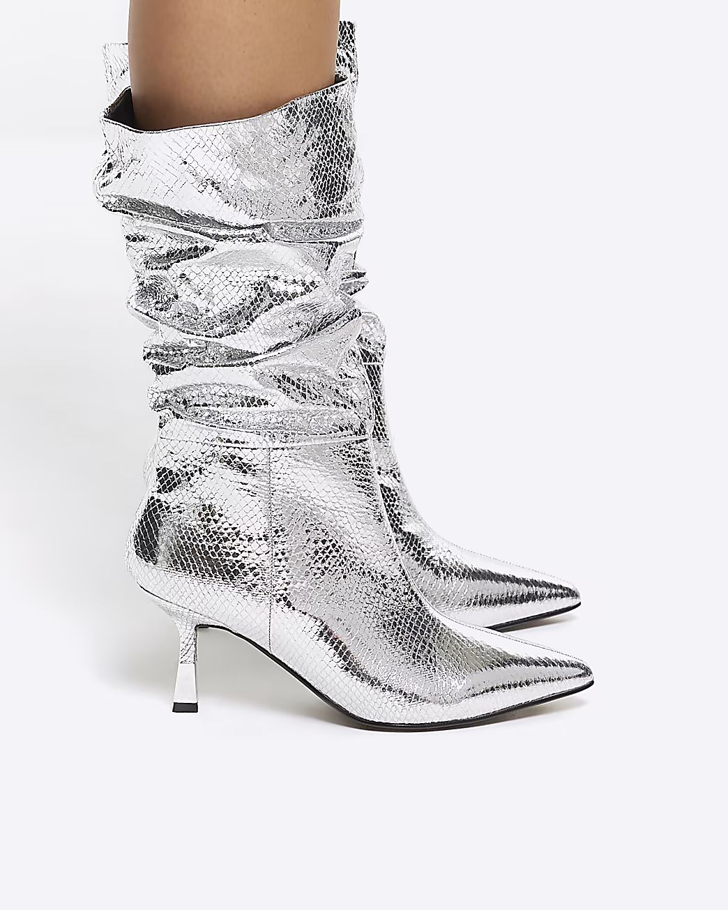 Silver metallic slouch heeled boots | River Island (UK & IE)