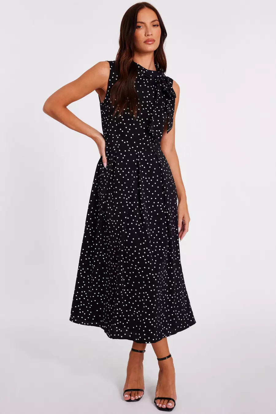 Black Tie Neck Polka Dot Midaxi Dress | Quiz Clothing
