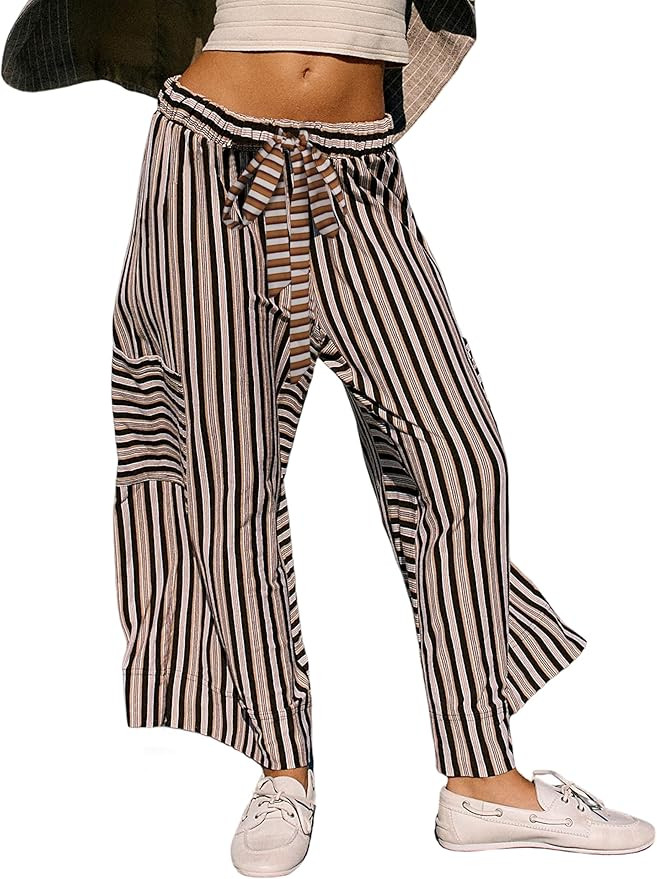 Bankeng Women Drawstring Striped Pants Loose Wide Leg Lounge Pants Casual Palazzo Pants Trousers ... | Amazon (US)