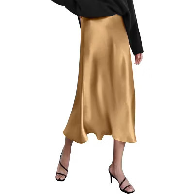 LEVEN SIXTEEN Women's High Waist Satin Midi Skirt - Elegant A-Line Silky Skirt Khaki Khaki X-Large | Target