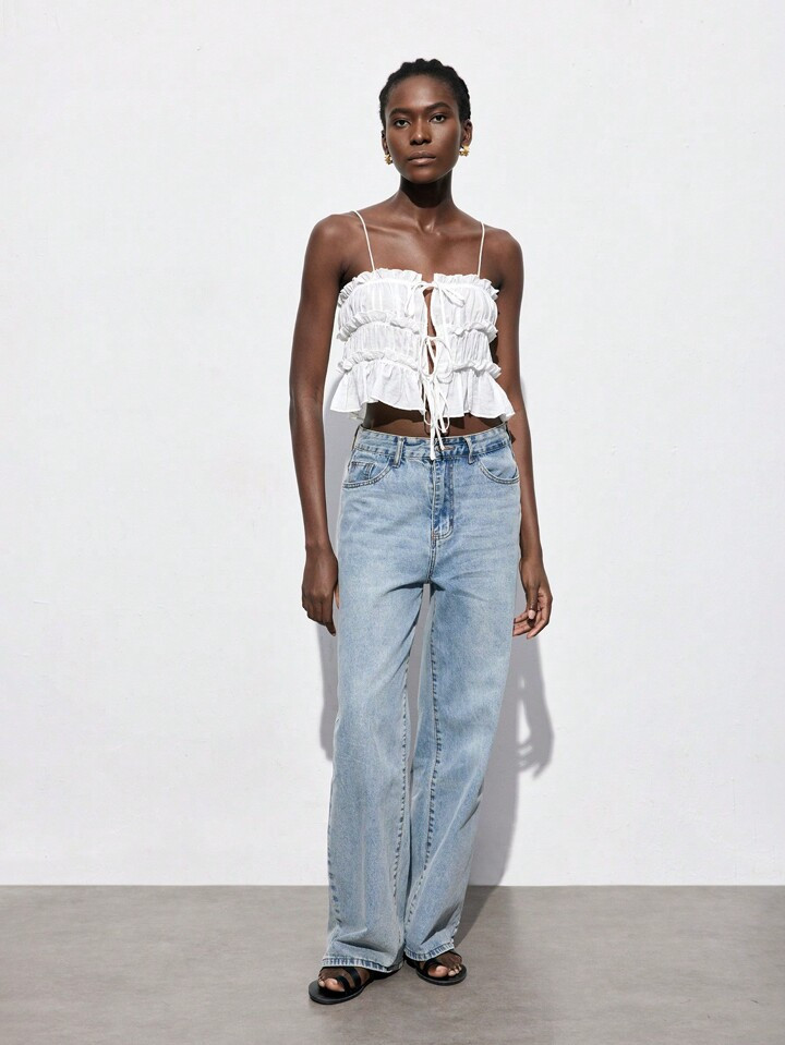 SHEIN Maija Women's Summer Solid Color Splice Ruffle Edge Sleeveless Camisole With Front Tie | SH... | SHEIN