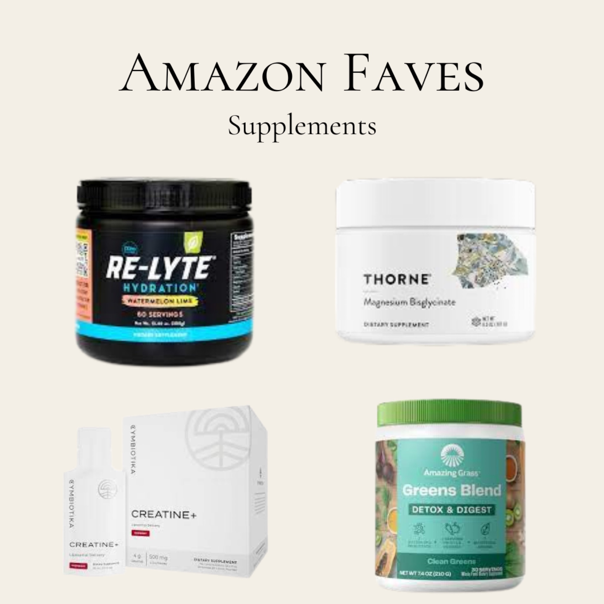 Amazon Supplements! My favorite tried and true. Magnesium, electrolytes, creatine and greens. Feeling my best with food energy when I am consistent with these!

#LTKfindsunder50 #LTKfitness