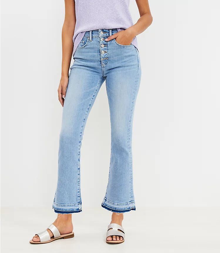 Let Down Hem Button Front High Rise Kick Crop Jeans in Vivid Light Indigo Wash | LOFT | LOFT