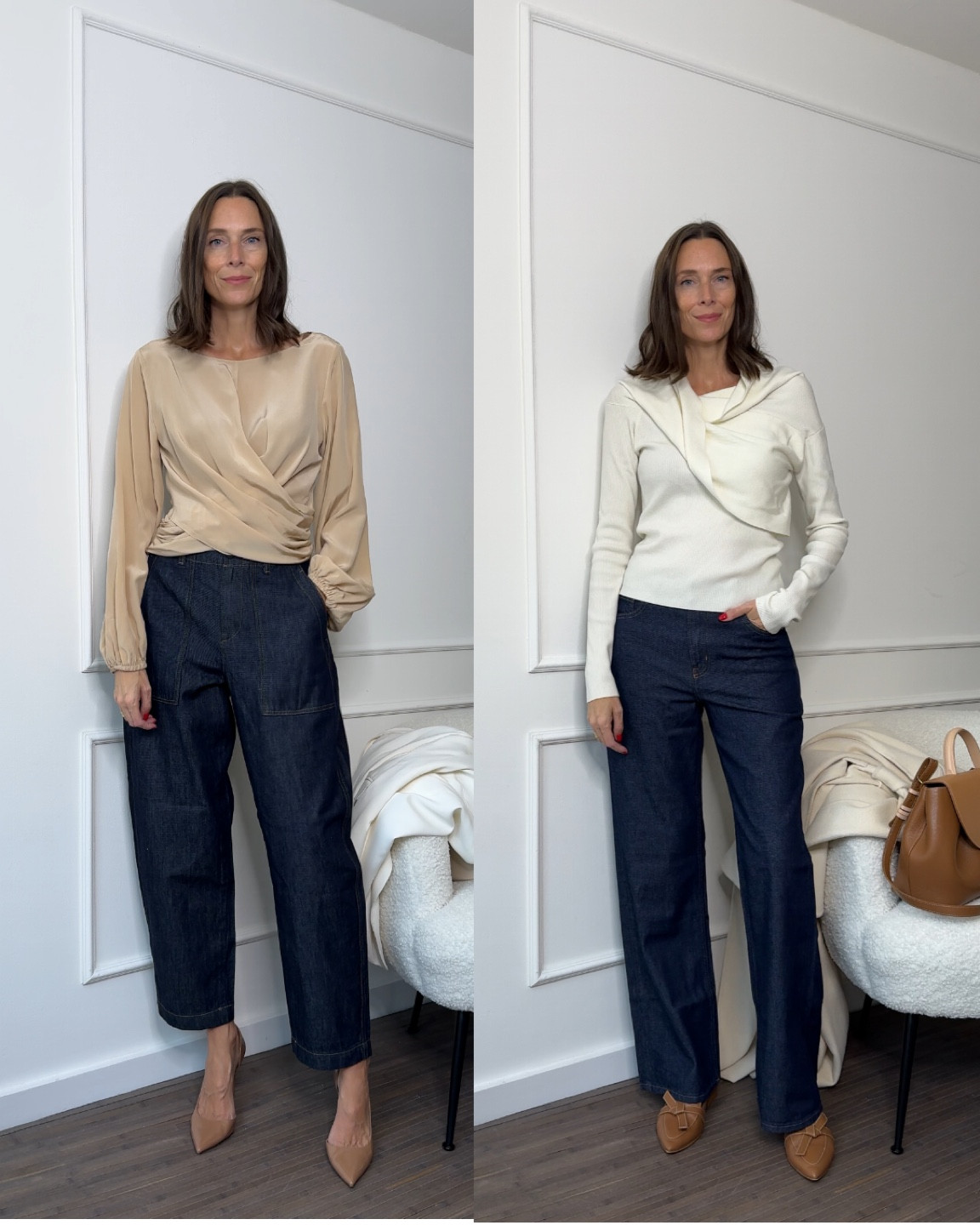 Two pairs of dark denim that are really nice for autumn, one wide-leg pair and one barrel-shaped pair. The knit on the right is from Fabrique  

#LTKStyleTip #LTKSeasonal #LTKFindsUnder50