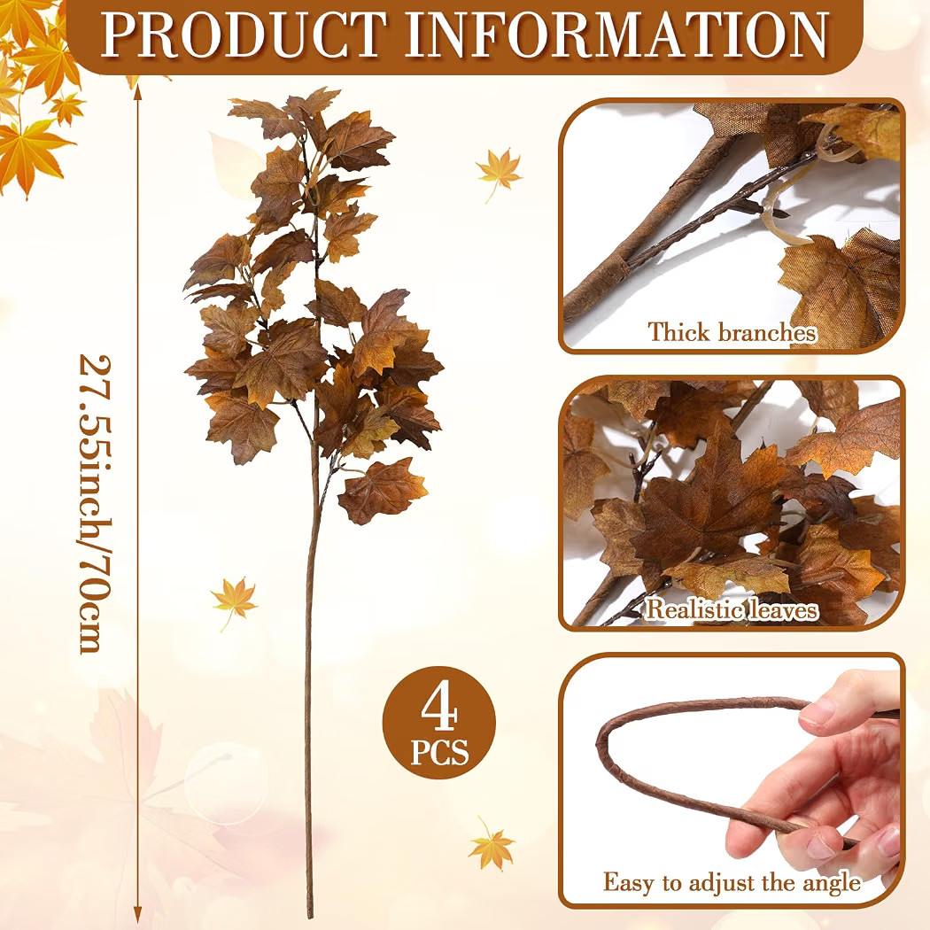 4 Pcs Fall Maple Leaf Stems, 27.6" Vase Autumn Fake Branches Decor | Amazon (US)
