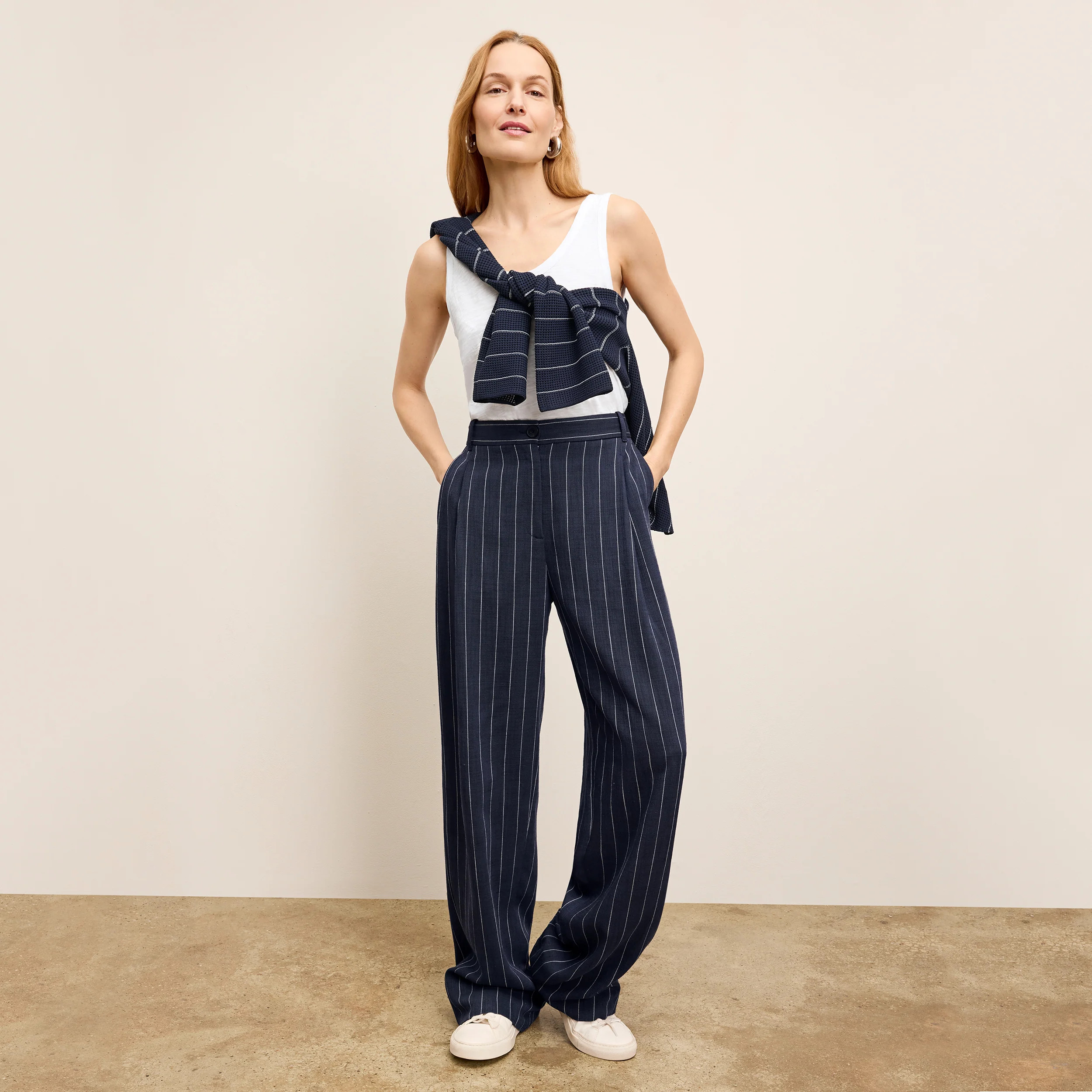 Fitz Pleated Trouser - Striped Porto Weave :: Navy/Ivory | MM LaFleur