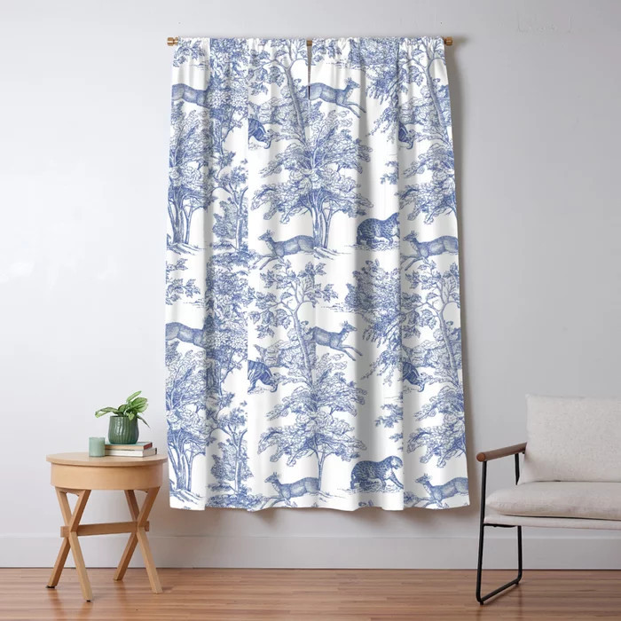 Toile de Jouy Vintage French Exotic Jungle Forest Navy Blue & White Blackout Curtain | Society6