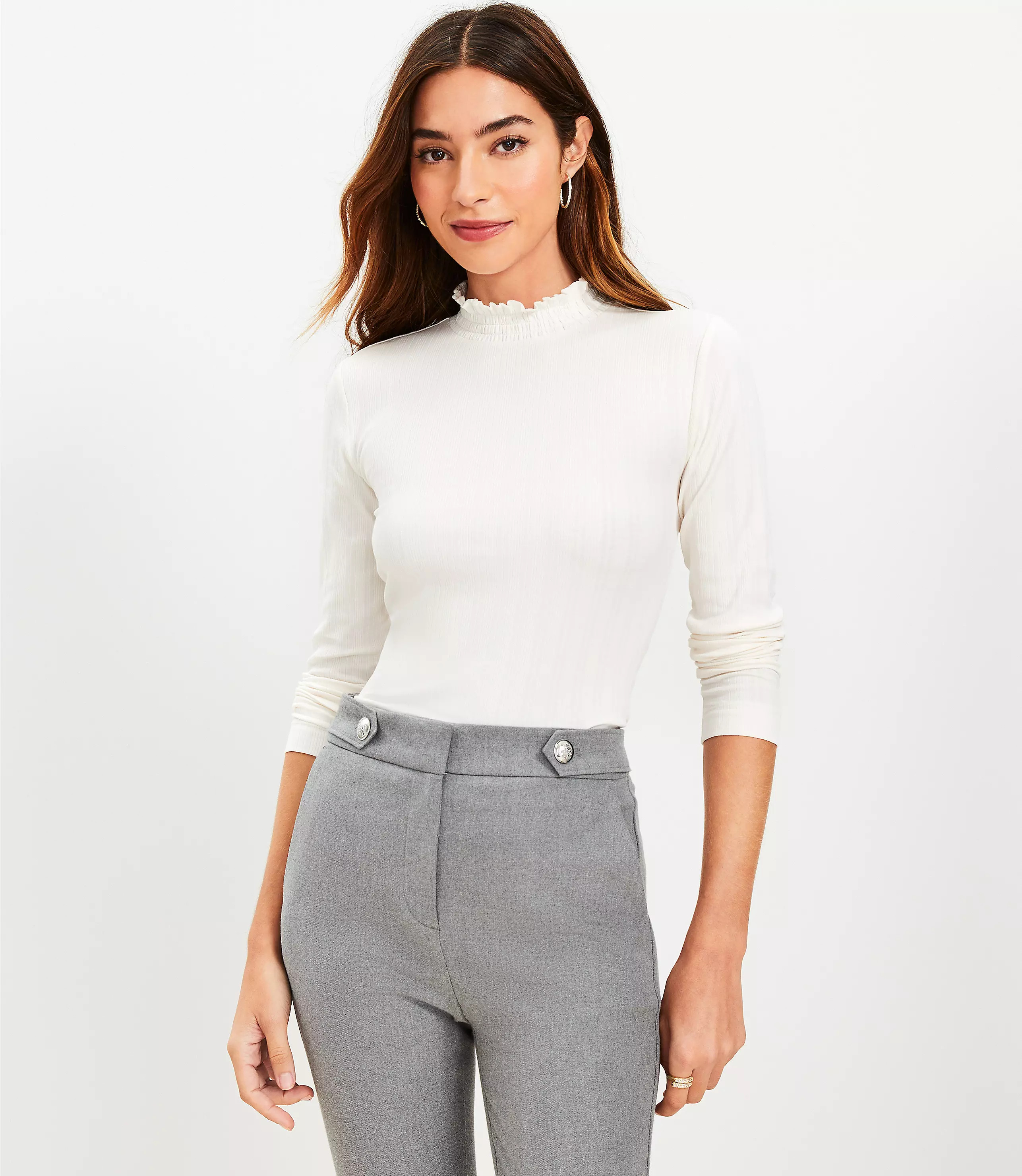 Ribbed Ruffle Mock Neck Top | LOFT