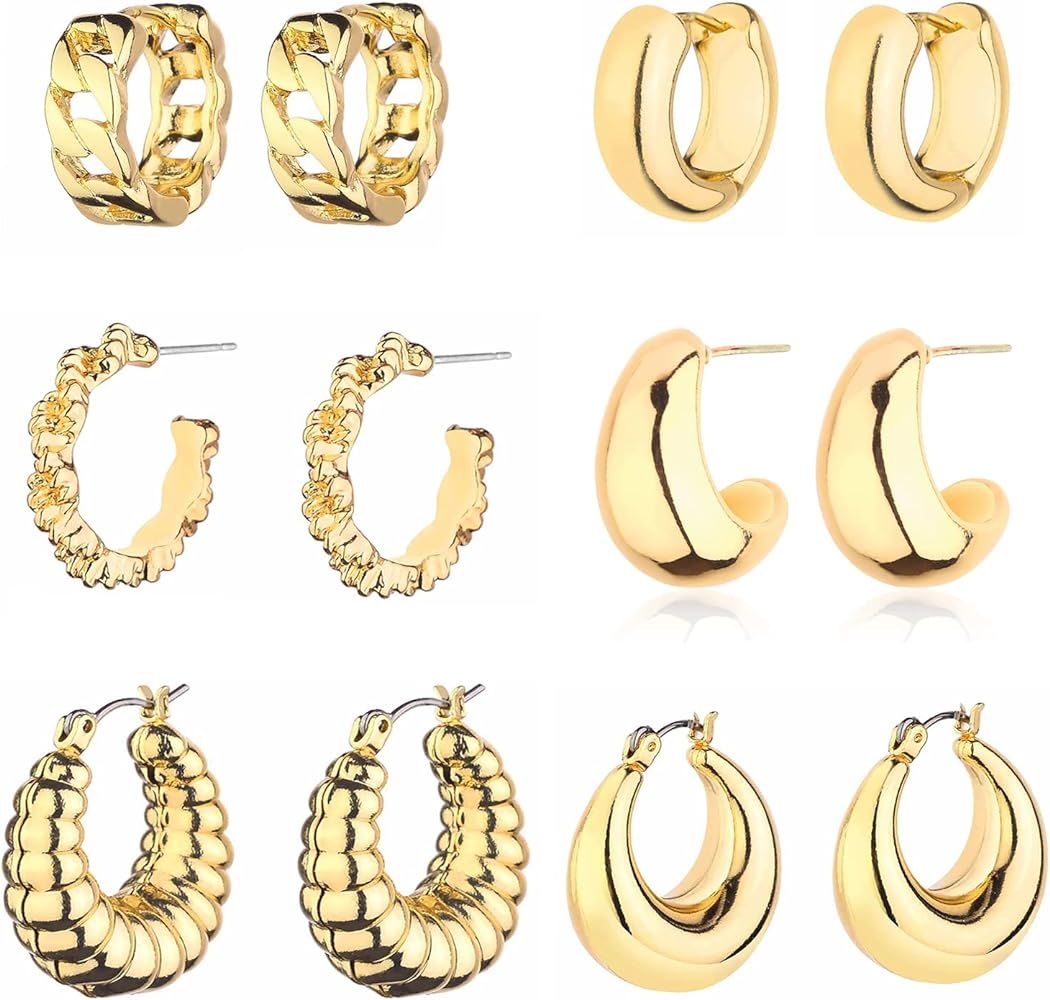 Gold Chunky Hoop Earrings Set for Women, 14K Gold Plated Twisted Huggie Hoop Earring Hypoallergen... | Amazon (US)