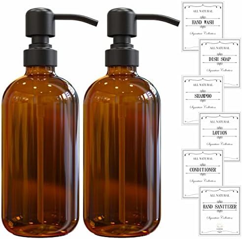 Amazon.com: SUNRISE PREMIUM 2-Pack Amber Glass Soap Dispenser with Matte Black Stainless-Steel Pu... | Amazon (US)