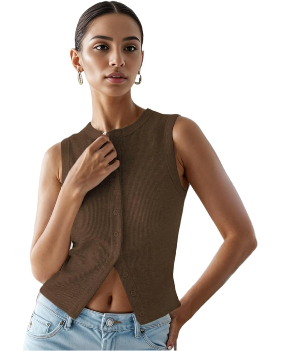 Women’s Button Down Tank Tops Ribbed Summer Vest Button Up Open Front Sleeveless Slim Fit Crop ... | Amazon (US)