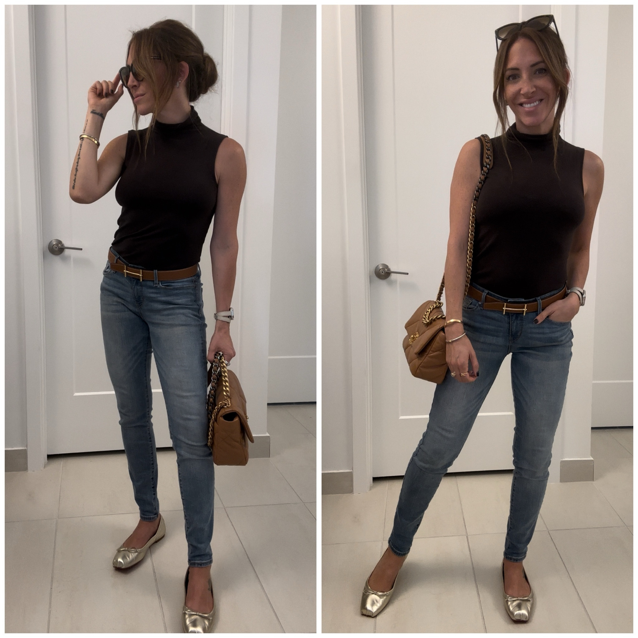 Wearing a chocolate brown mock neck tank, skinny jeans, camel belt, gold ballet flats, caramel chanel 19 

#LTKSaleAlert #LTKFindsUnder100 #LTKSeasonal