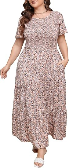 Womens Plus Size Long Maxi Dress with Pockets Floral Smocking Flutter Sleeves Tiered Layers Casua... | Amazon (US)