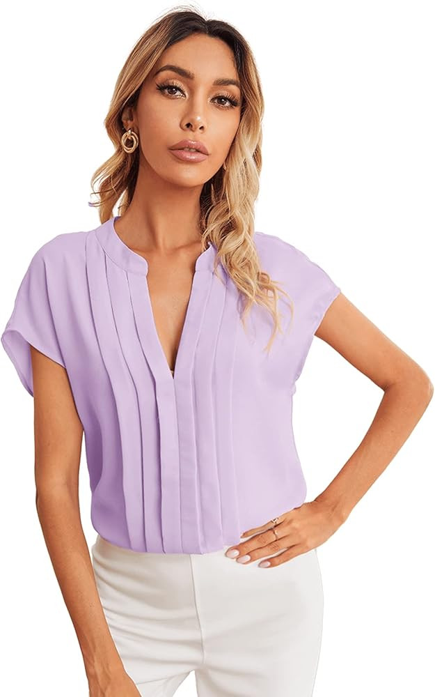 Milumia Women's Casual Notched V Neck Fold Pleated Short Sleeve Work Office Blouse Top | Amazon (US)