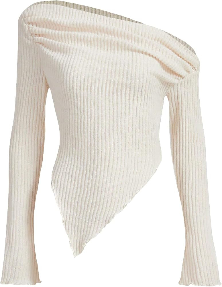 COZYEASE Women's Off Shoulder Long Sleeve Tops Asymmetrical Hem Slim Fit Ruched Ribbed Knit Crop ... | Amazon (US)