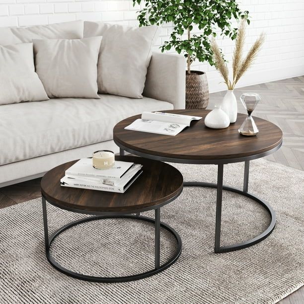 Stella Round Nesting or Stacking Coffee Table Set of 2 Wood Finish Metal Frame, Warm Nutmeg/Black | Walmart (US)