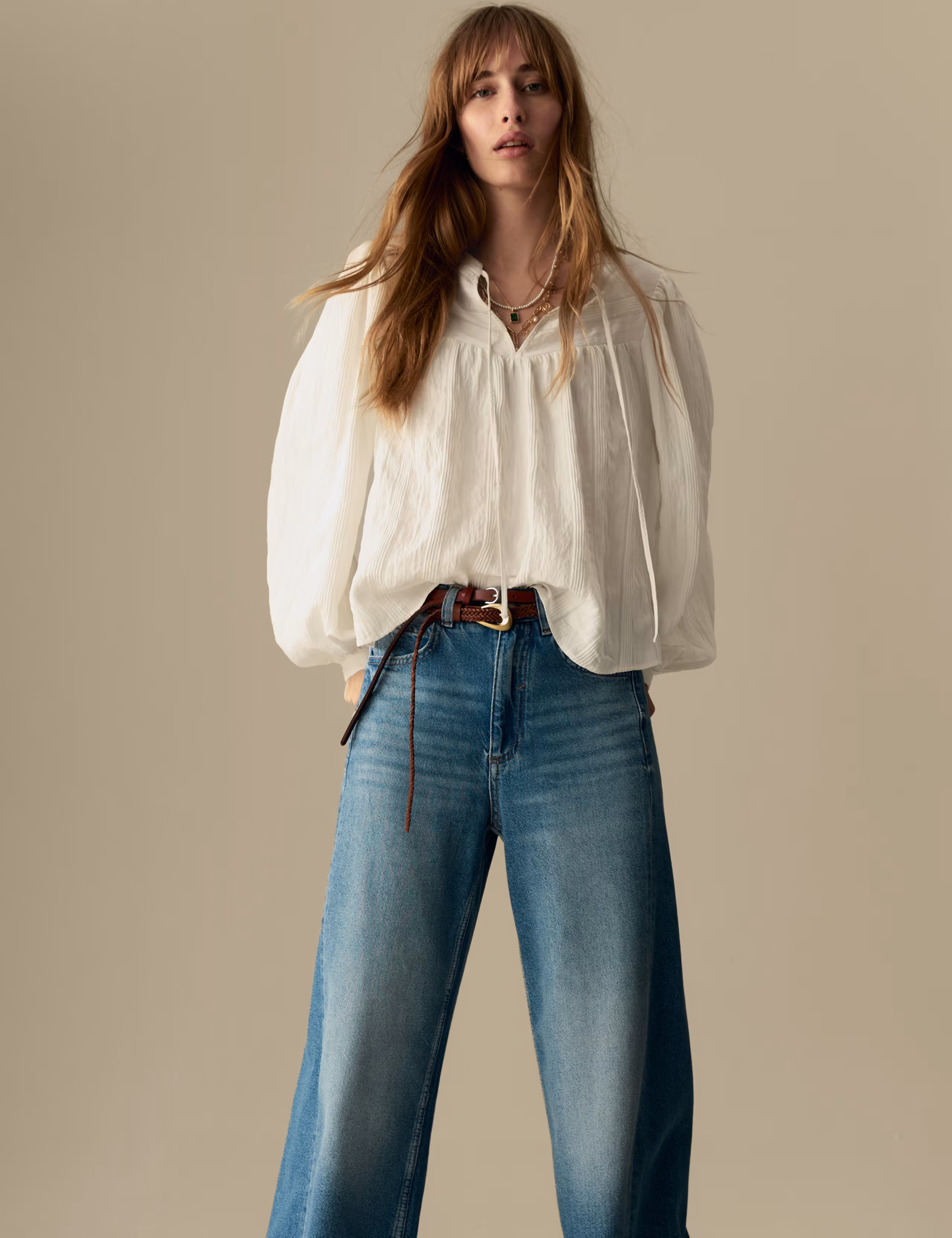 Textured Tie Neck Blouson Sleeve Blouse | Per Una | M&S | Marks & Spencer (UK)