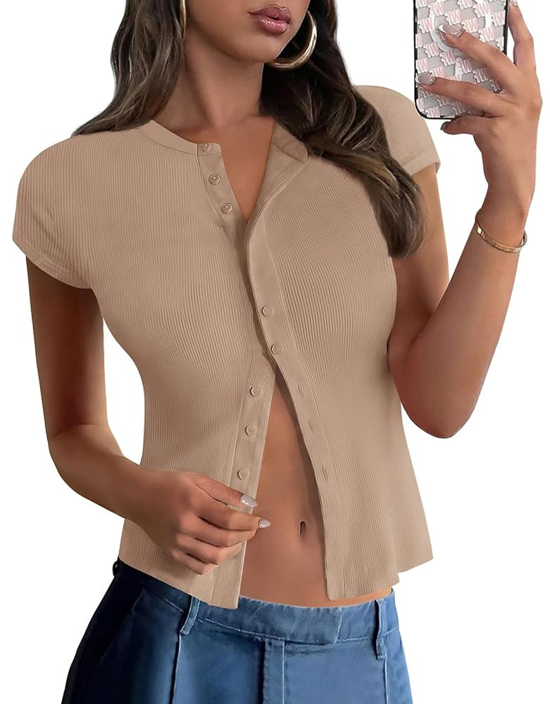 PRETTYGARDEN Women's Short Sleeve Summer Tops 2025 Trendy Ribbed Knit Button Up Tight Basic Tees ... | Amazon (US)