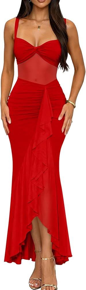 DAAWENXI Women's Sexy Sleeveless Square Neck Midi Dress Mesh Sheer Ruched Bodycon Ruffle Hem Club... | Amazon (US)