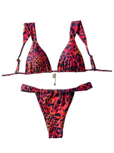 WDIRARA Women's 2 Piece Leopard Print Swimsuits Triangle High Waisted Bathing Suit Brazilian Bikini Sets Multicolor Red X-Small | Amazon (US)