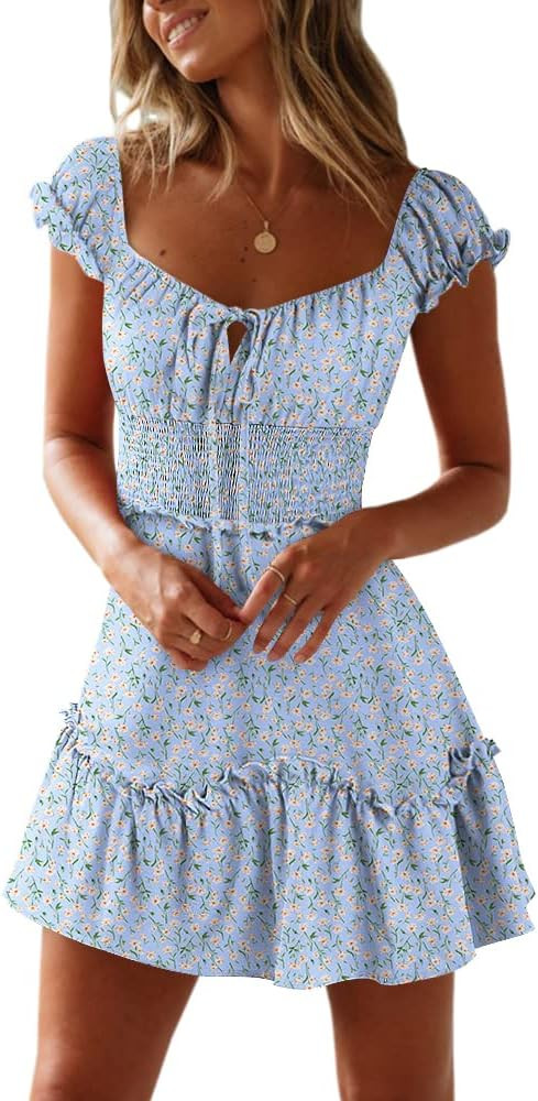 YOBECHO Women's Summer Ruffle Sleeve Sweetheart Neckline Printing Dress Mini Dress | Amazon (US)