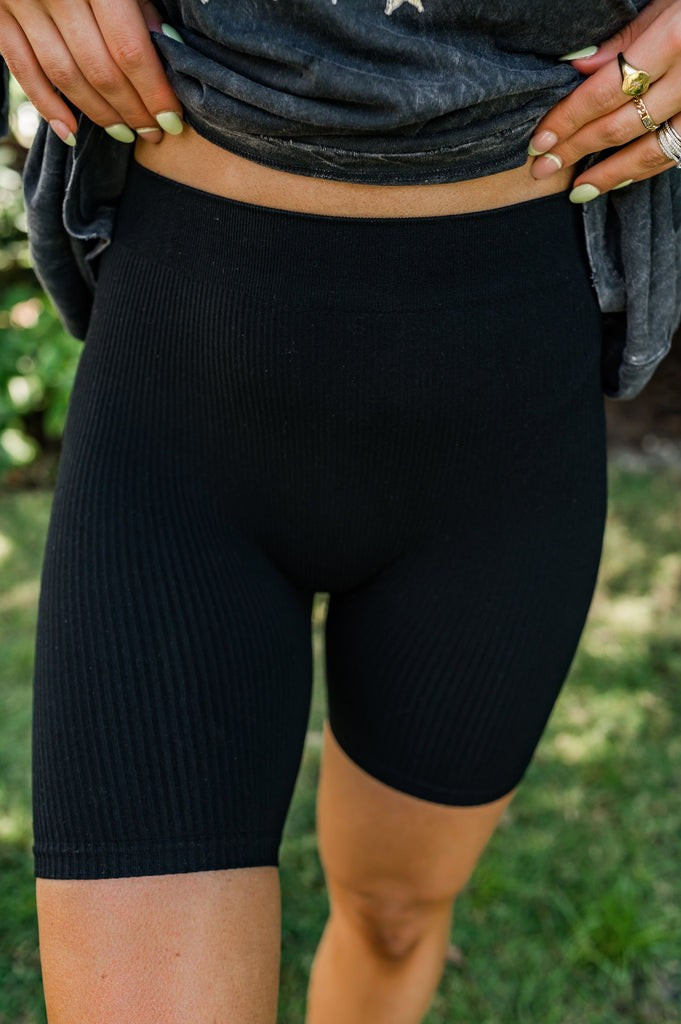 Black Ribbed Biker Shorts | She Is Boutique