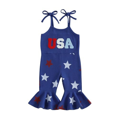 4th Fourth Of July Toddler Girl Outfit USA Romper Spaghetti Strap Bell Bottoms Jumpsuit Red White And Blue Outfits (USA Star Blue, 4-5T) | Amazon (US)