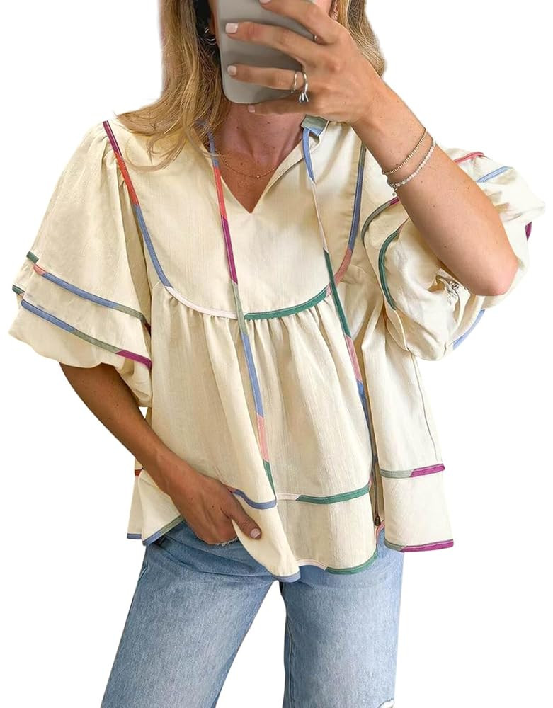 Cicy Bell Womens Summer Babydoll Tops V Neck Short Lantern Sleeve Shirts Cute Loose Fit Peplum Fl... | Amazon (US)